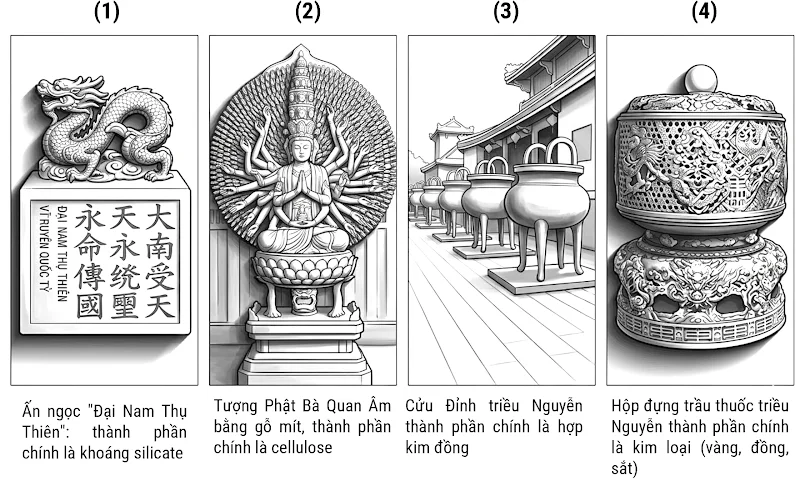 The image depicts a series of traditional Vietnamese ceramic and lacquer sculptures, showcasing various cultural artifacts.

AI-generated content may be incorrect.