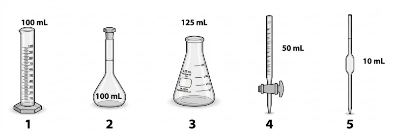 The image displays a series of graduated cylinders and pipettes, each labeled with various volume measurements in milliliters (mL), including 100 mL, 125 mL, 50 mL, 90 mL, 30 mL, and others, along with a DREAMEYER and a MIERMOES FILGS.

AI-generated content may be incorrect.
